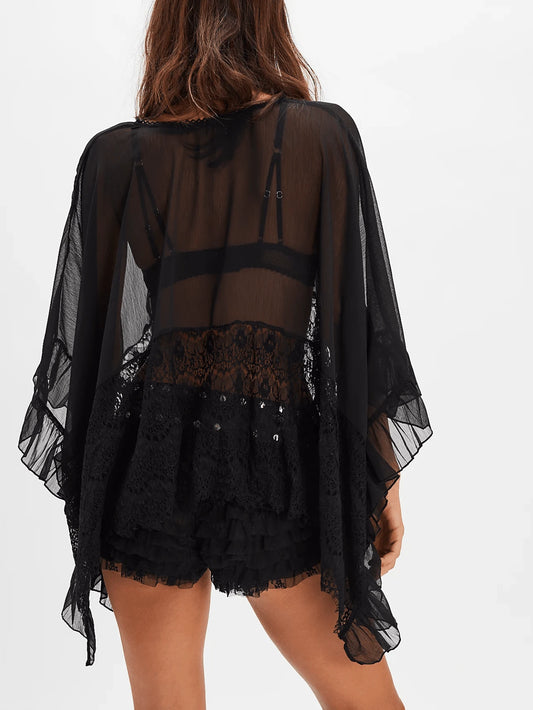 Women’s Black Lace Patchwork Batwing Sleeve Top with Ruffle Hem