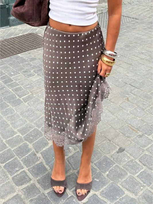 Women’s Polka Dot Satin Maxi Skirt High Waist Lace Trim A-Line Flowy Skirt spring 2026 collection