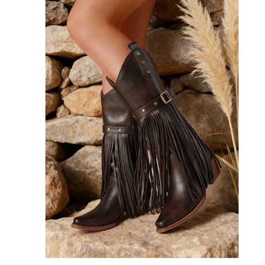 Women’s Brown Western Mid-Calf Boots Pointed Toe Chunky Heel Side Zipper spring 2026 collection
