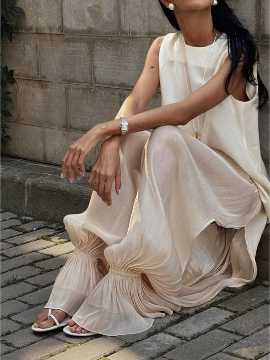 Women’s Beige Loose Fit Jogger Pants Long Split Ruffle Hem Casual Trousers
