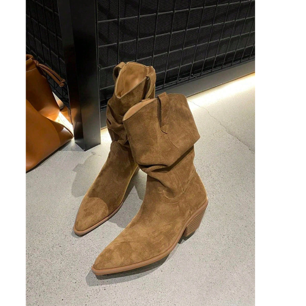 Women’s Brown WesternMid-Calf Boots Pointed Toe Chunky Heel Slip-Onspring 2026 collection
