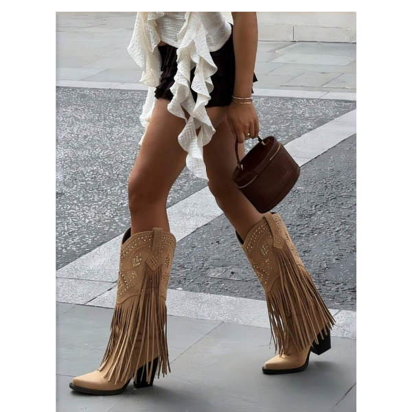 Women’s Knee High Rhinestone Fringe Western Boots – Chunky Heel, Pointed Toe, Wide Calf spring 2026 collection