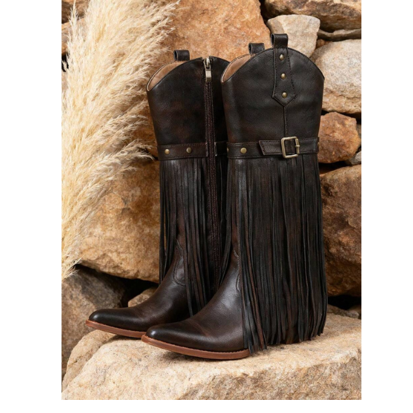 Women’s Brown Western Mid-Calf Boots Pointed Toe Chunky Heel Side Zipper spring 2026 collection
