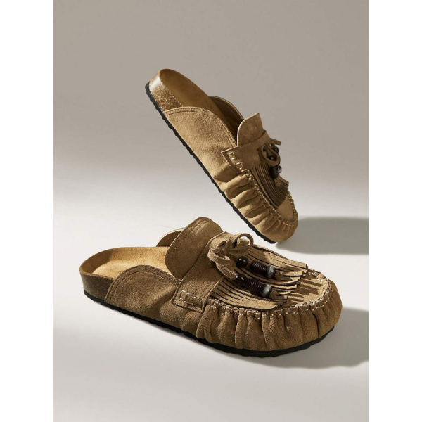 Women’s Khaki Slingback Flat Shoes Fringe Detail Slip-On Casual Sandals spring 2026 collection