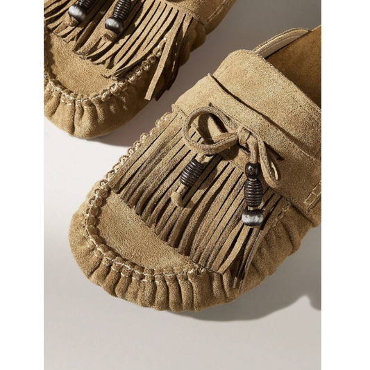 Women’s Khaki Slingback Flat Shoes Fringe Detail Slip-On Casual Sandals spring 2026 collection
