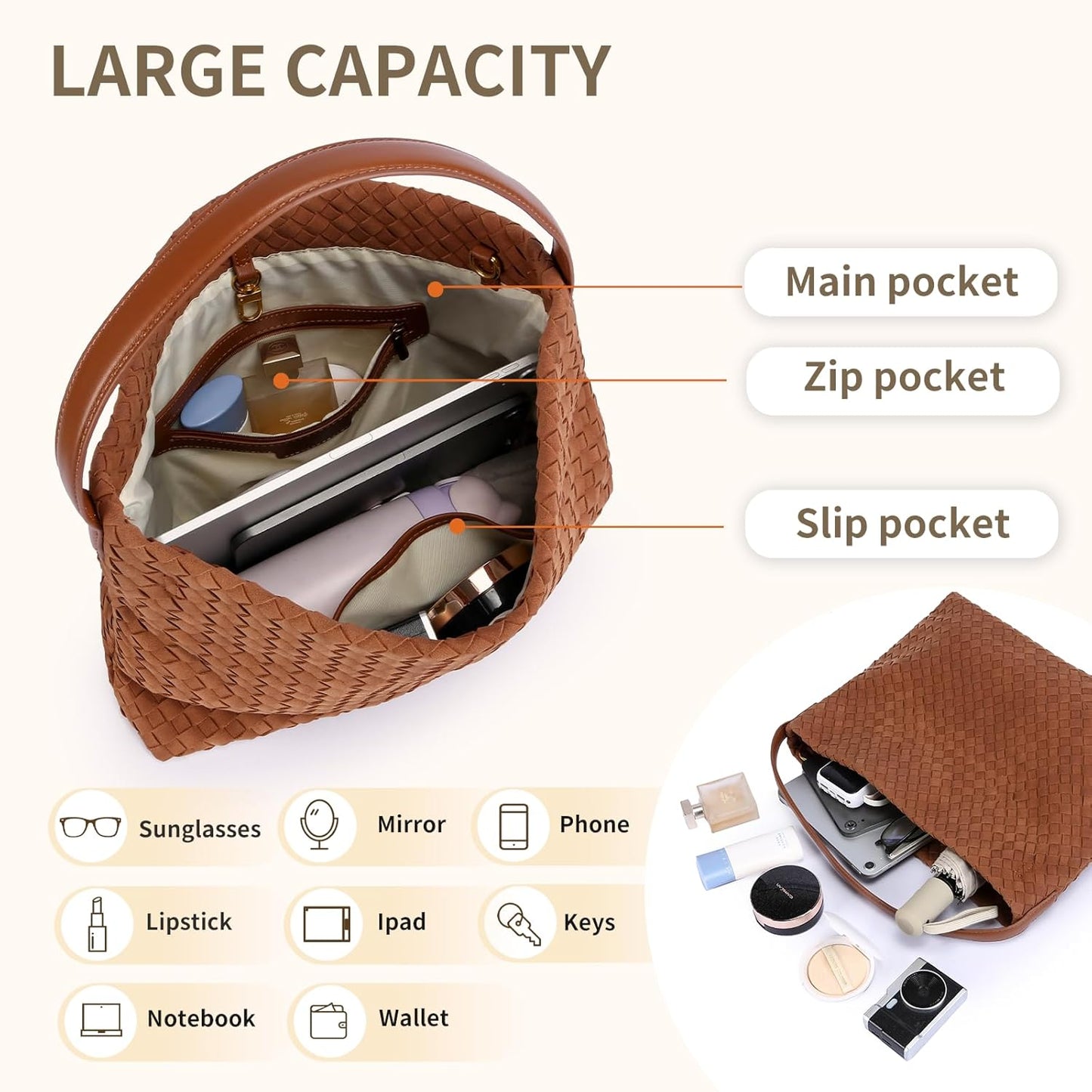 Women’s Woven Suede Hobo Shoulder Bag Slouchy Tote Crossbody Brown