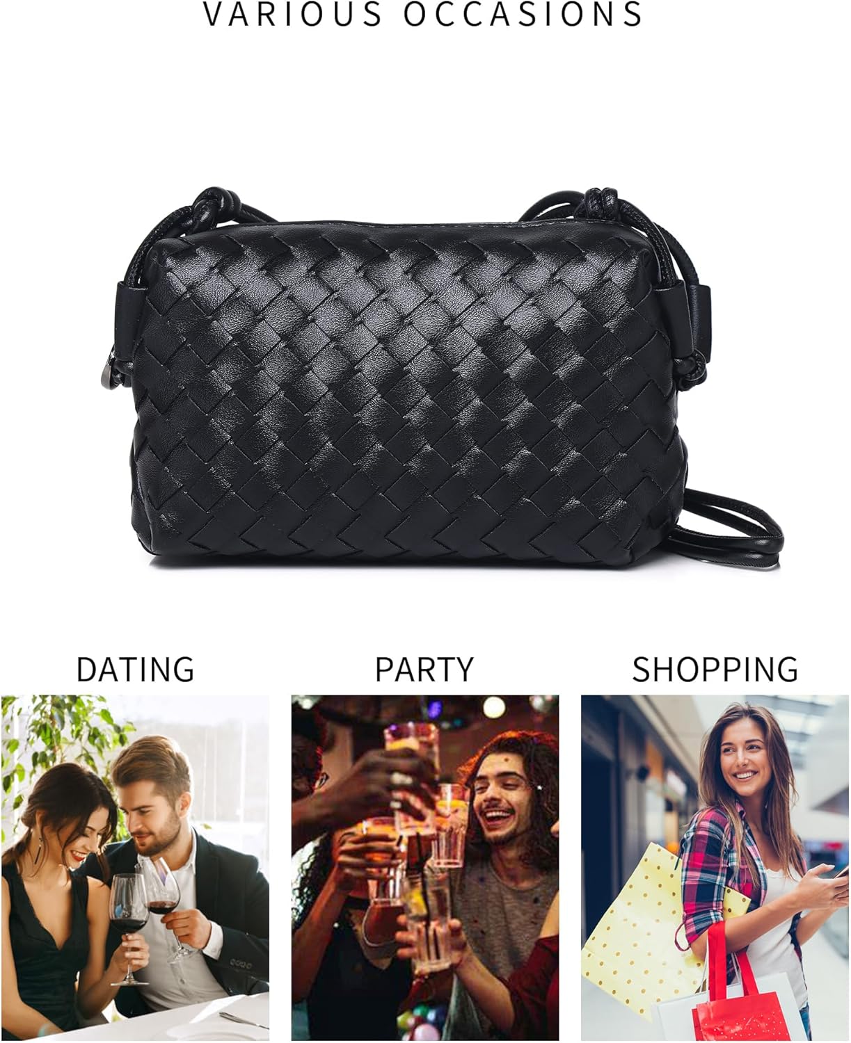 Women’s Woven Crossbody Bag Vegan Leather Shoulder Purse Zipper Black