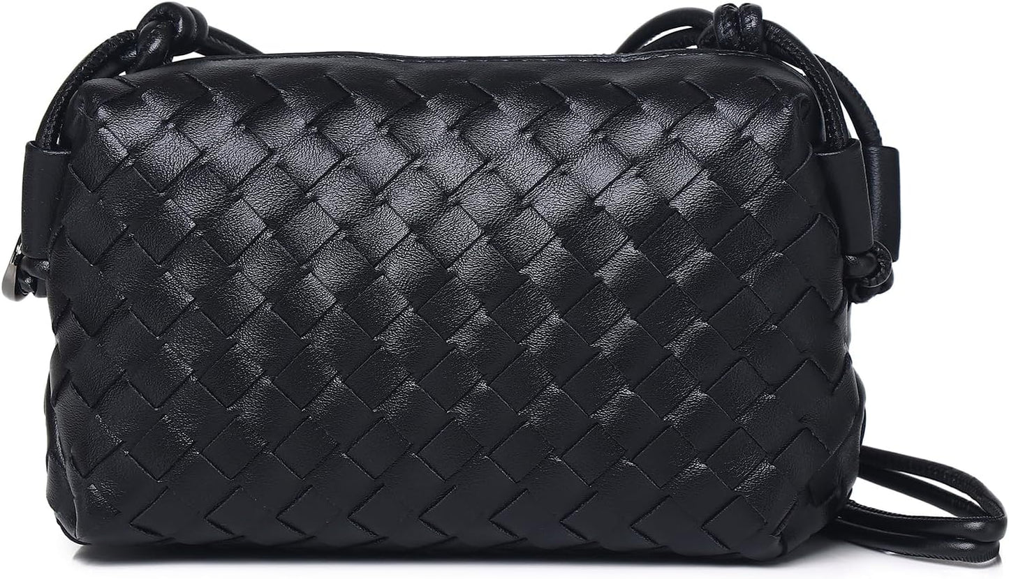 Women’s Woven Crossbody Bag Vegan Leather Shoulder Purse Zipper Black