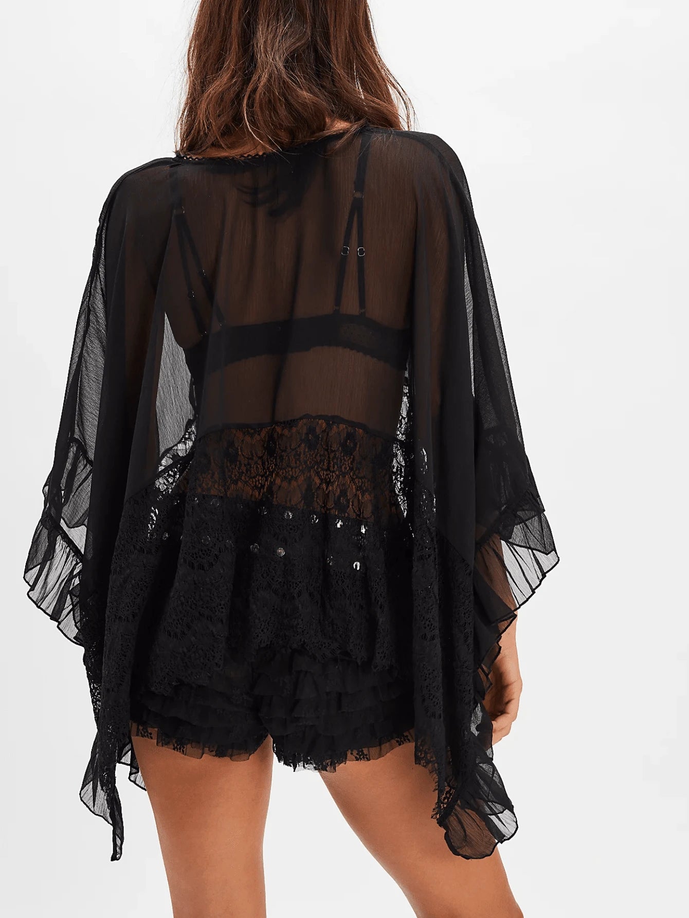 Women’s Black Lace Patchwork Batwing Sleeve Top with Ruffle Hem