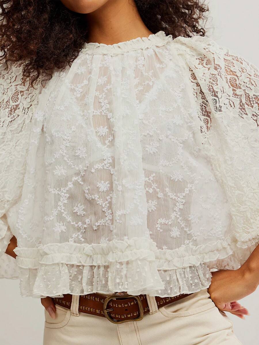 Women’s Floral Lace 3/4 Sleeve Mesh Top – Crew Neck Sheer Blouse with Eyelet Embroidery