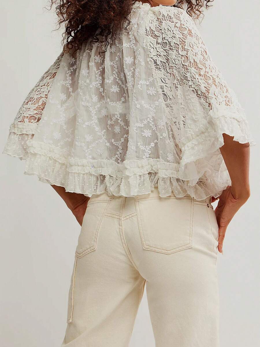 Women’s Floral Lace 3/4 Sleeve Mesh Top – Crew Neck Sheer Blouse with Eyelet Embroidery