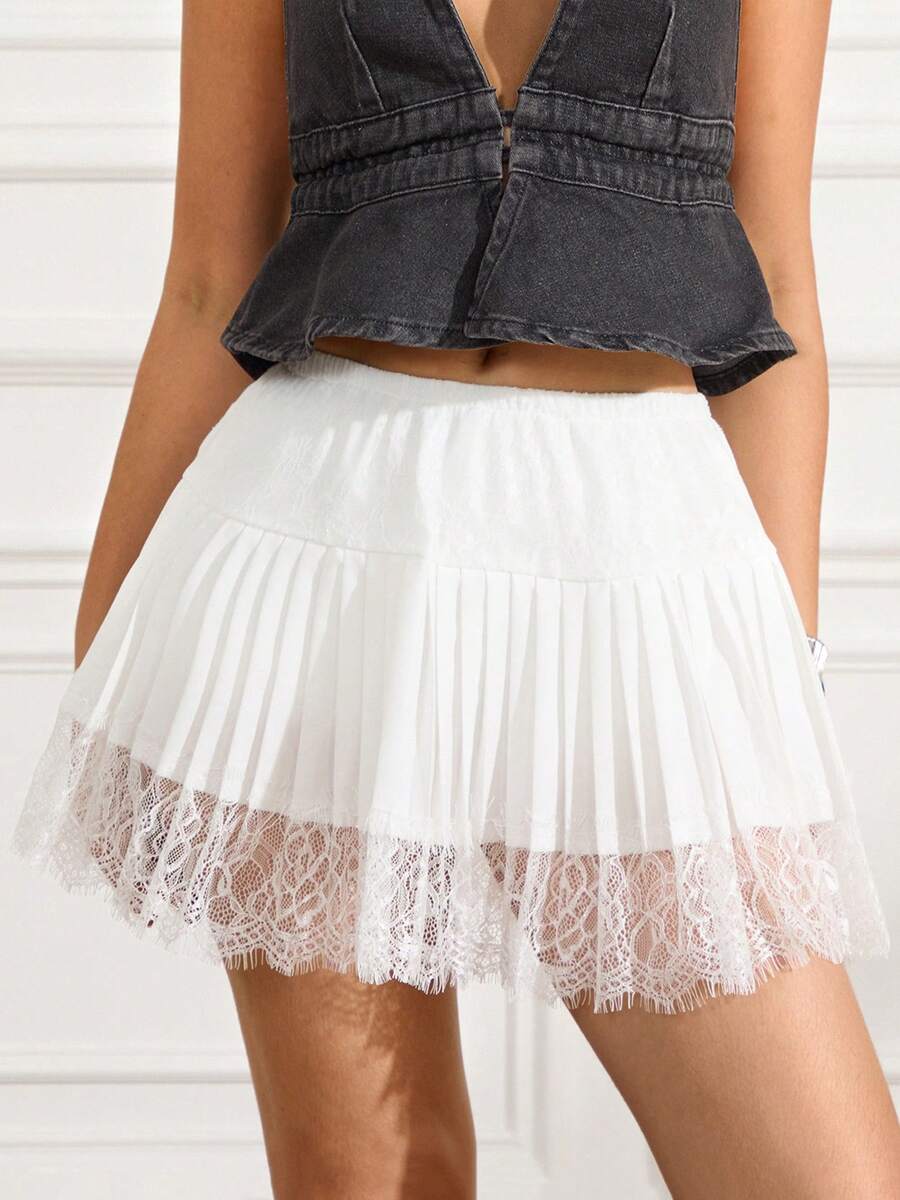 Women’s Lace Mini Skirt Y2K Ruffle Pleated Elastic Waist Layered Skirt White spring 2026 collection