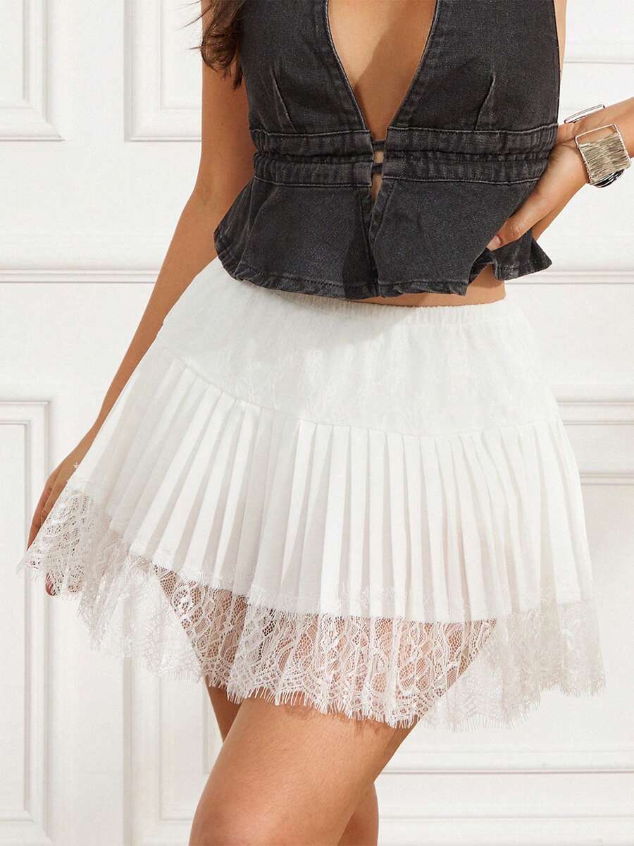 Women’s Lace Mini Skirt Y2K Ruffle Pleated Elastic Waist Layered Skirt White spring 2026 collection