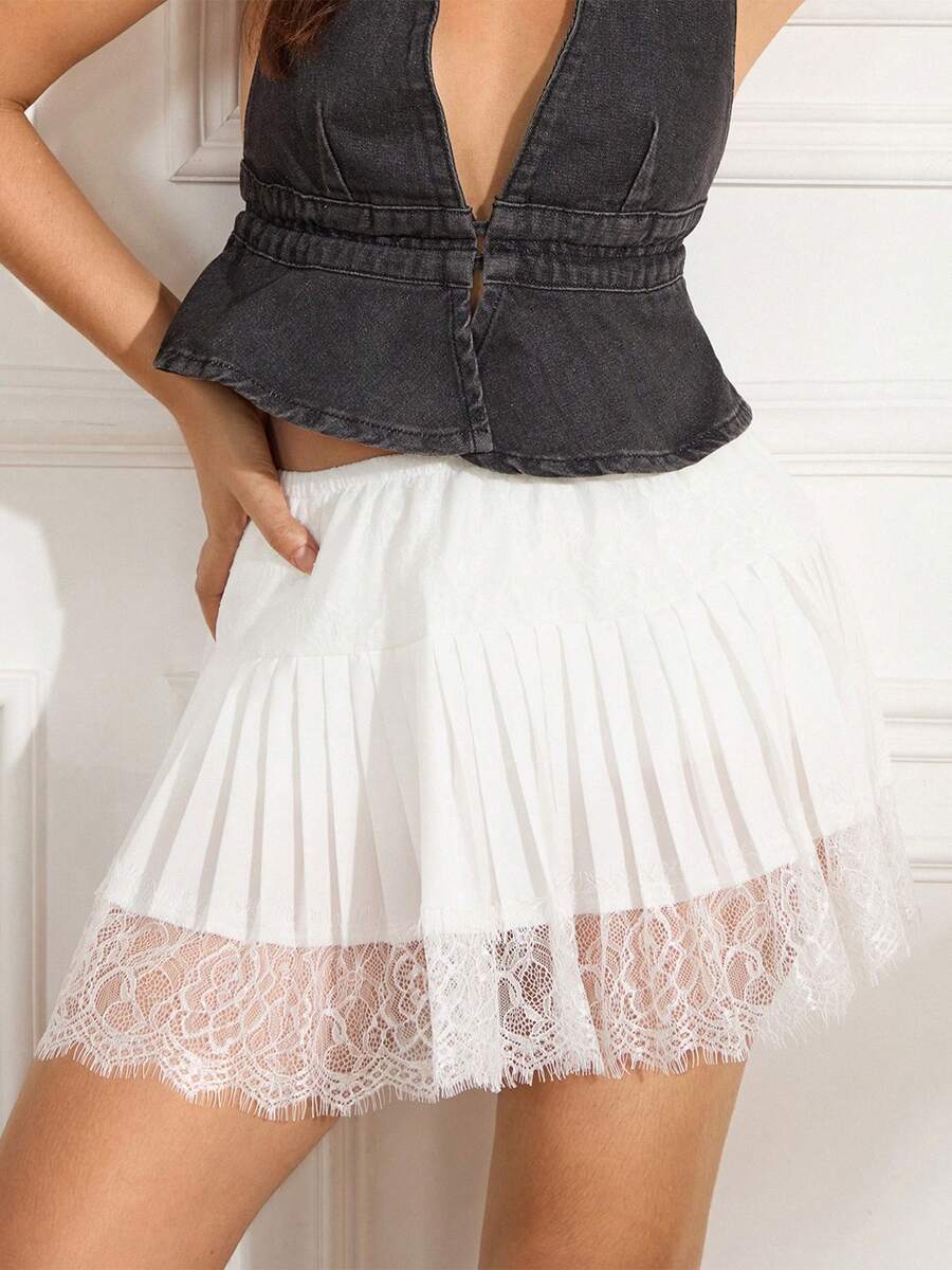 Women’s Lace Mini Skirt Y2K Ruffle Pleated Elastic Waist Layered Skirt White spring 2026 collection