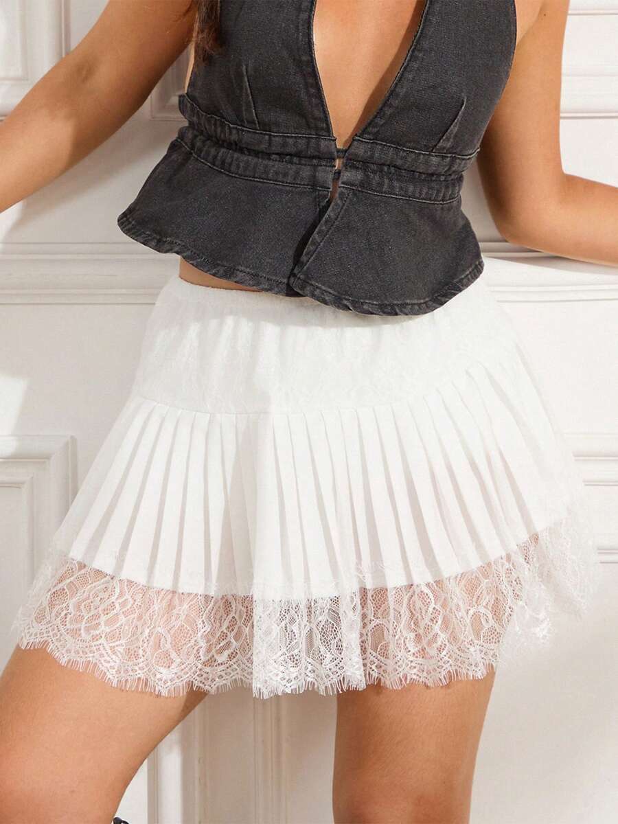Women’s Lace Mini Skirt Y2K Ruffle Pleated Elastic Waist Layered Skirt White spring 2026 collection