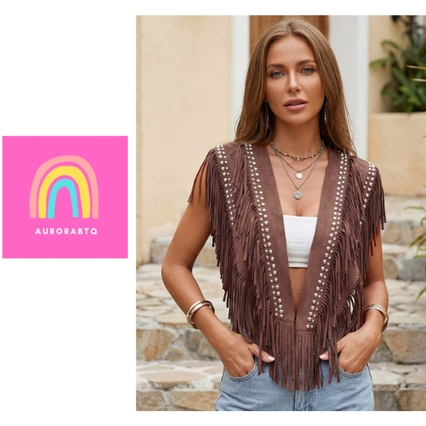 Women’s Leather-Studded Suede Knitted Pullover Jacket – 1970s Hippie Style Sleeveless Buttoned Fringed Pullover with Western-Style Collar Design