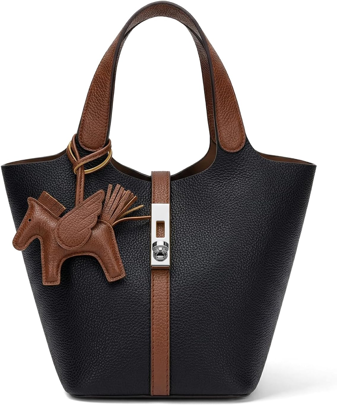 Women’s Vegan Leather Bucket Bag Top Handle Shoulder Tote with Pouch Khaki
