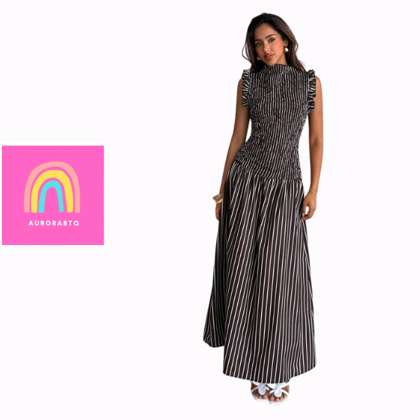 Women’s Coffee Striped Sleeveless A-Line Maxi Dress