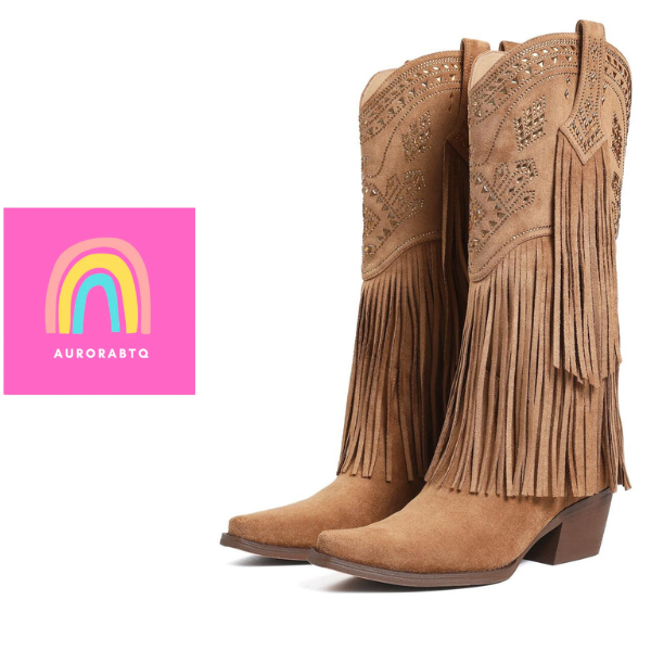 Women’s Knee High Rhinestone Fringe Western Boots – Chunky Heel, Pointed Toe, Wide Calf spring 2026 collection