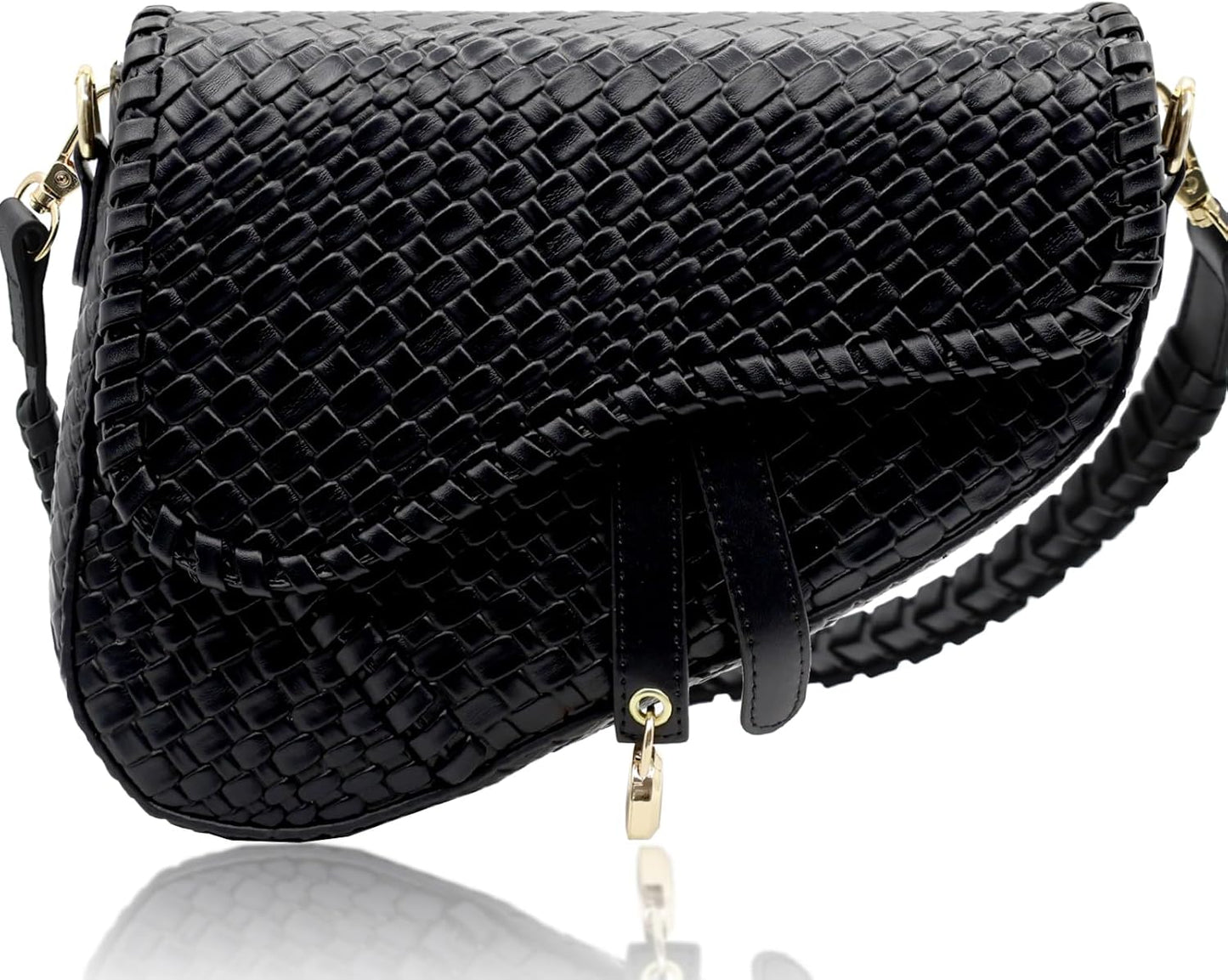 Women’s Saddle Crossbody Bag Woven Croc PU Leather Shoulder Satchel Black