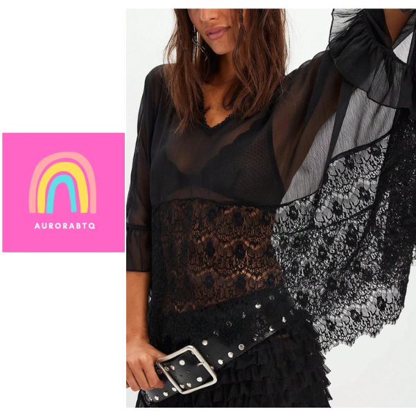 Women’s Black Lace Patchwork Batwing Sleeve Top with Ruffle Hem
