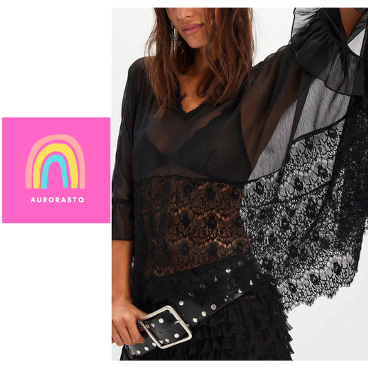 Women’s Black Lace Patchwork Batwing Sleeve Top with Ruffle Hem