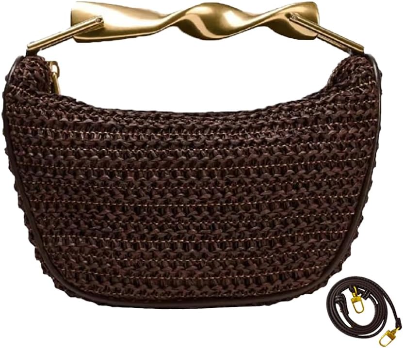 Women’s Mini Straw Crossbody Bag Woven Summer Satchel with Dual Straps Coffee