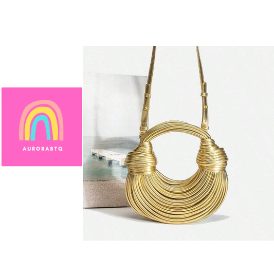 Gold Circle PU Handbag with Woven Top Handle – Stylish Party Bag