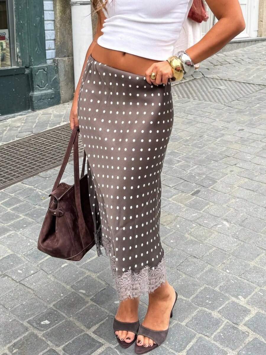 Women’s Polka Dot Satin Maxi Skirt High Waist Lace Trim A-Line Flowy Skirt spring 2026 collection