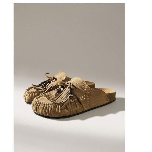 Women’s Khaki Slingback Flat Shoes Fringe Detail Slip-On Casual Sandals spring 2026 collection