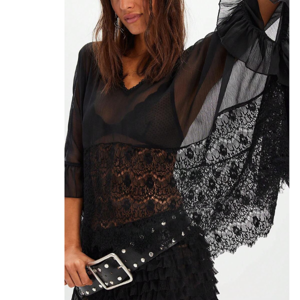 Women’s Black Lace Patchwork Batwing Sleeve Top with Ruffle Hem
