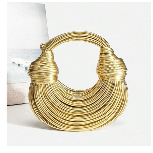 Gold Circle PU Handbag with Woven Top Handle – Stylish Party Bag