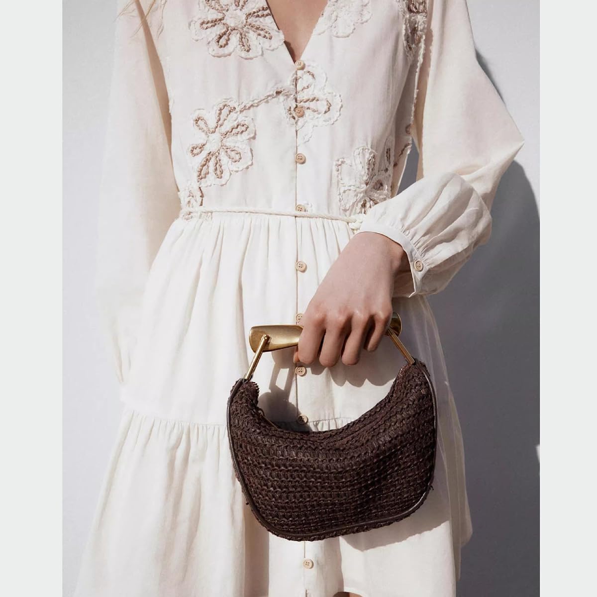 Women’s Mini Straw Crossbody Bag Woven Summer Satchel with Dual Straps Coffee
