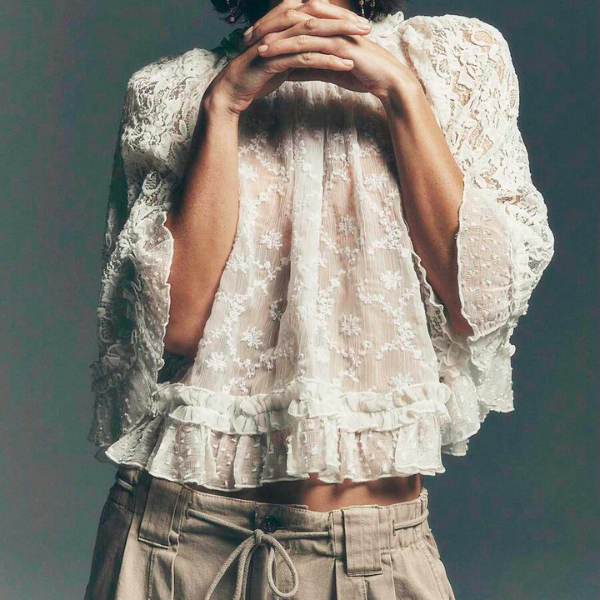 Women’s Vintage Lace Ruffle Blouse with Three Quarter Sleeve and Mesh Detail spring 2026 collection