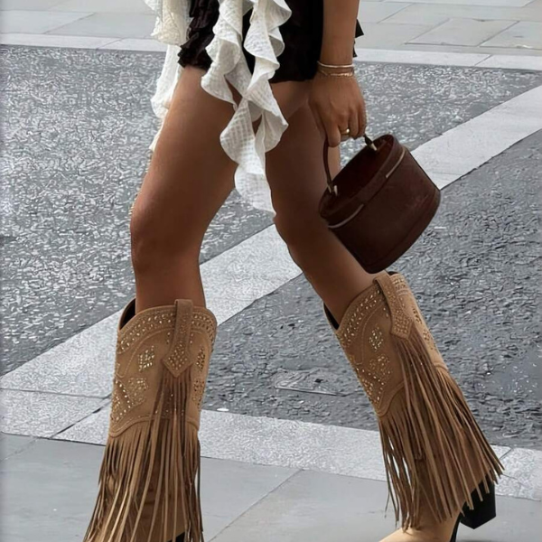 Women’s Knee High Rhinestone Fringe Western Boots – Chunky Heel, Pointed Toe, Wide Calf spring 2026 collection