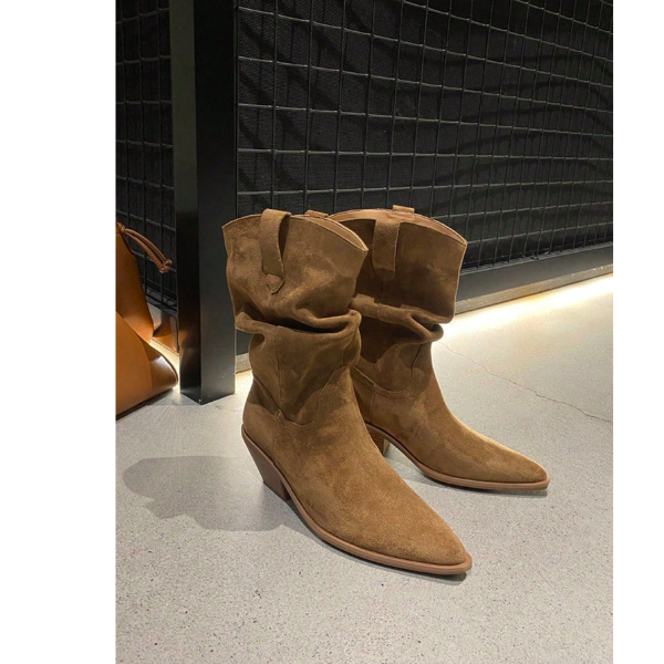 Women’s Brown WesternMid-Calf Boots Pointed Toe Chunky Heel Slip-Onspring 2026 collection