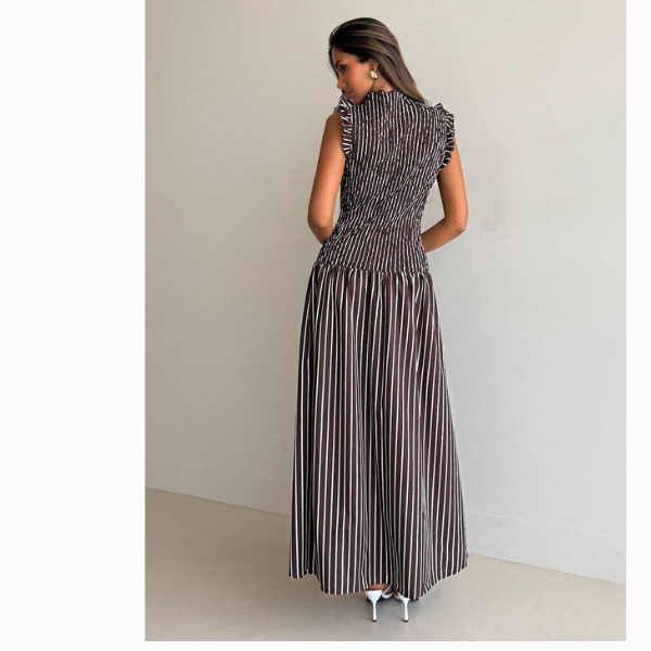 Women’s Coffee Striped Sleeveless A-Line Maxi Dress