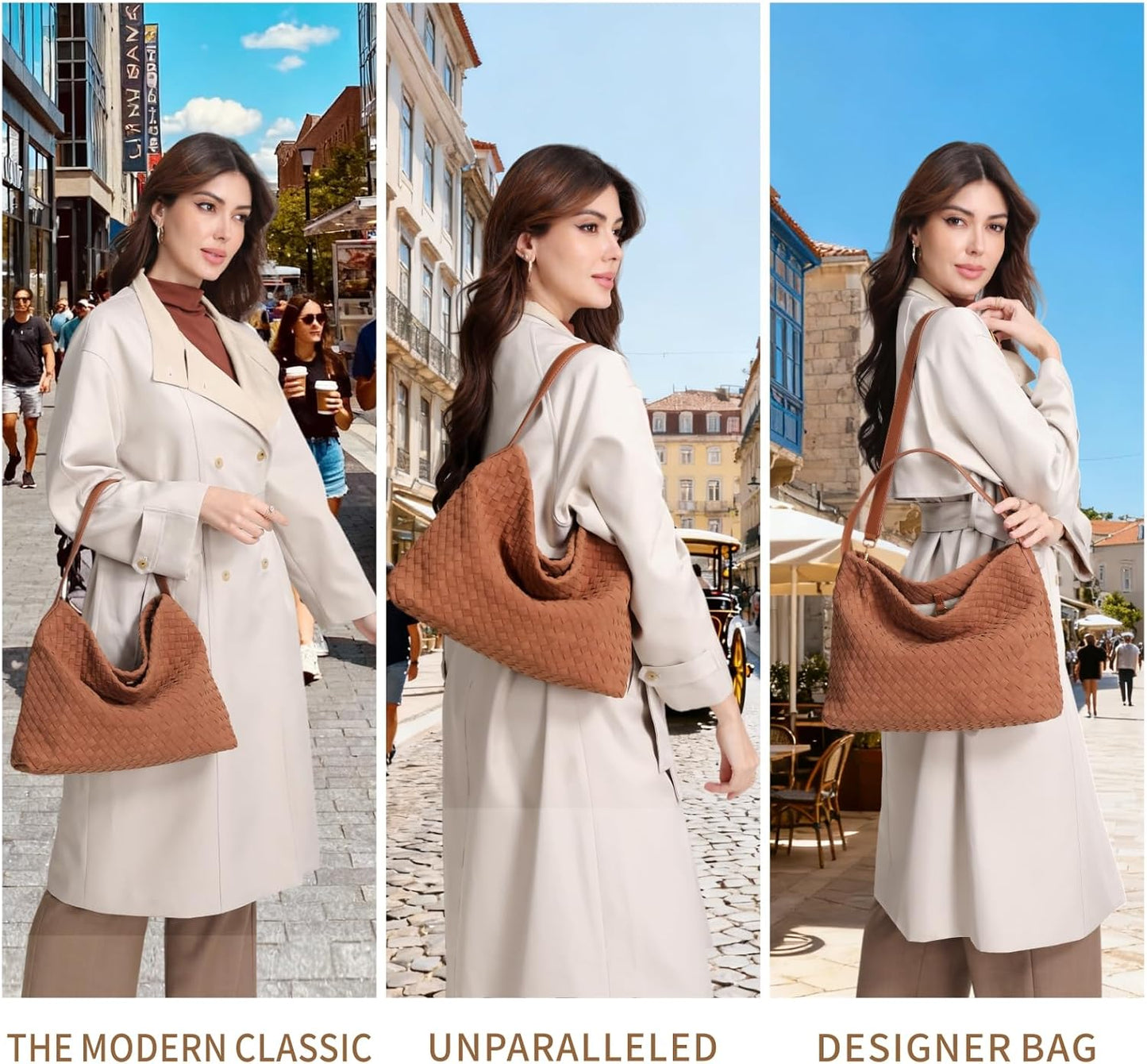 Women’s Woven Suede Hobo Shoulder Bag Slouchy Tote Crossbody Brown