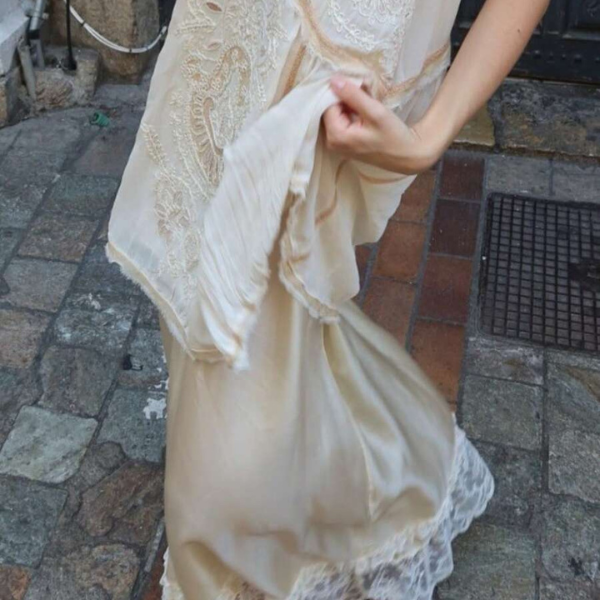 Women’s Champagne Lace Patchwork Satin Midi Skirt with Elastic Waist spring 2026 collection