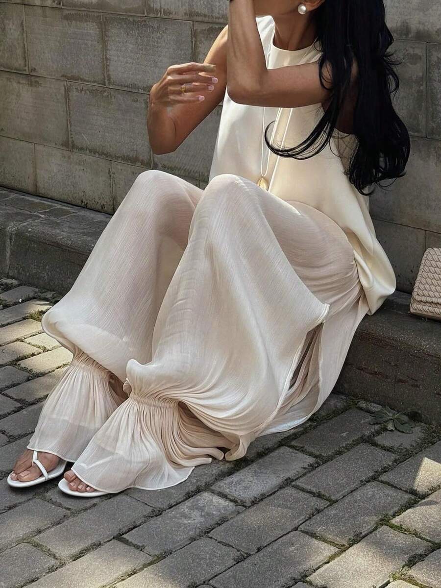 Women’s Beige Loose Fit Jogger Pants Long Split Ruffle Hem Casual Trousers