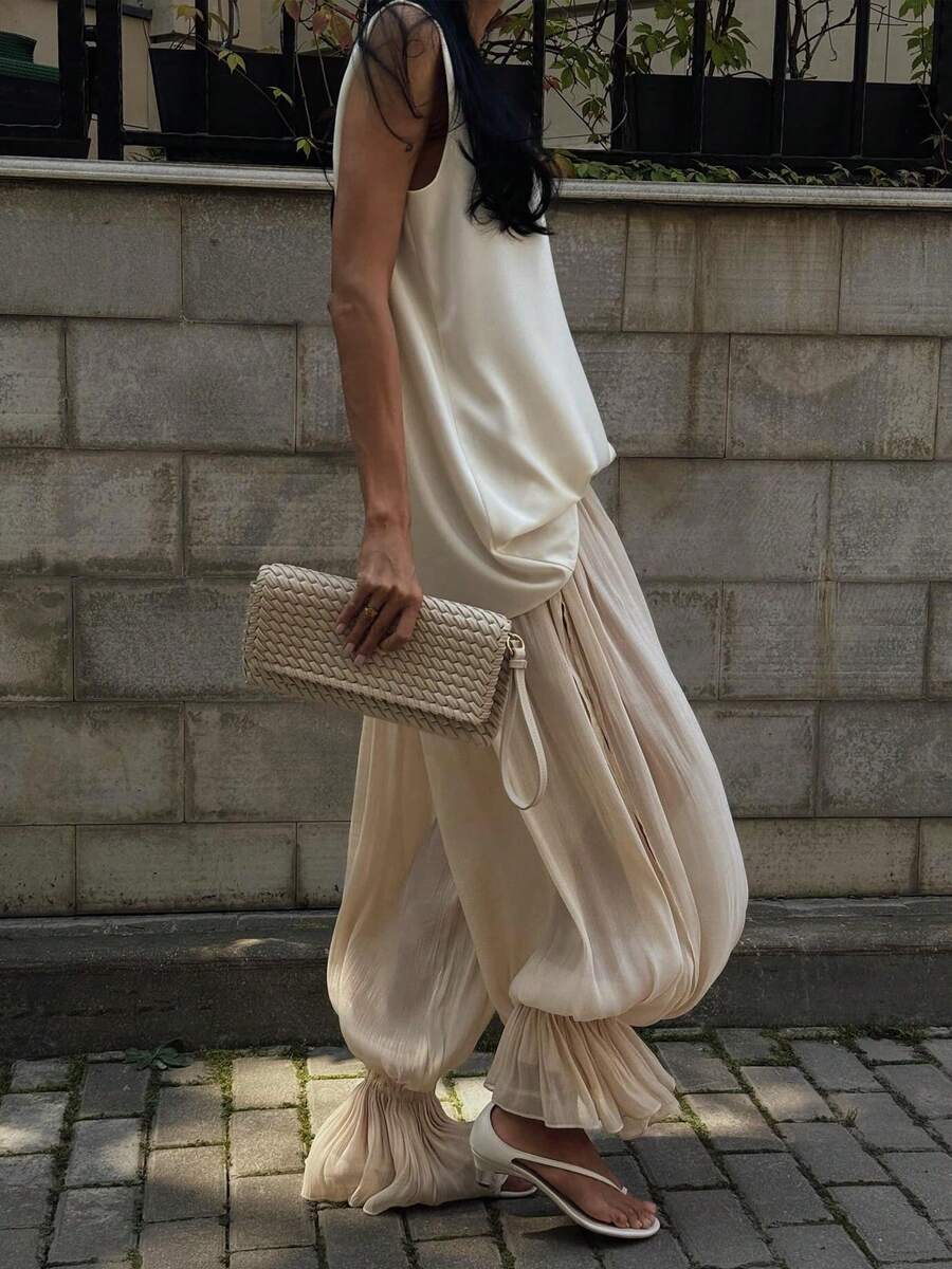 Women’s Beige Loose Fit Jogger Pants Long Split Ruffle Hem Casual Trousers