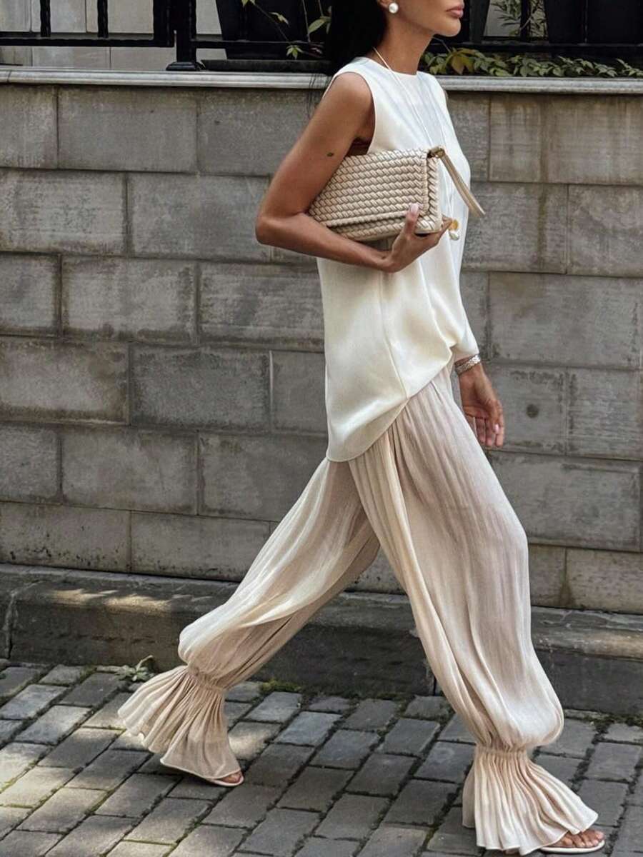 Women’s Beige Loose Fit Jogger Pants Long Split Ruffle Hem Casual Trousers