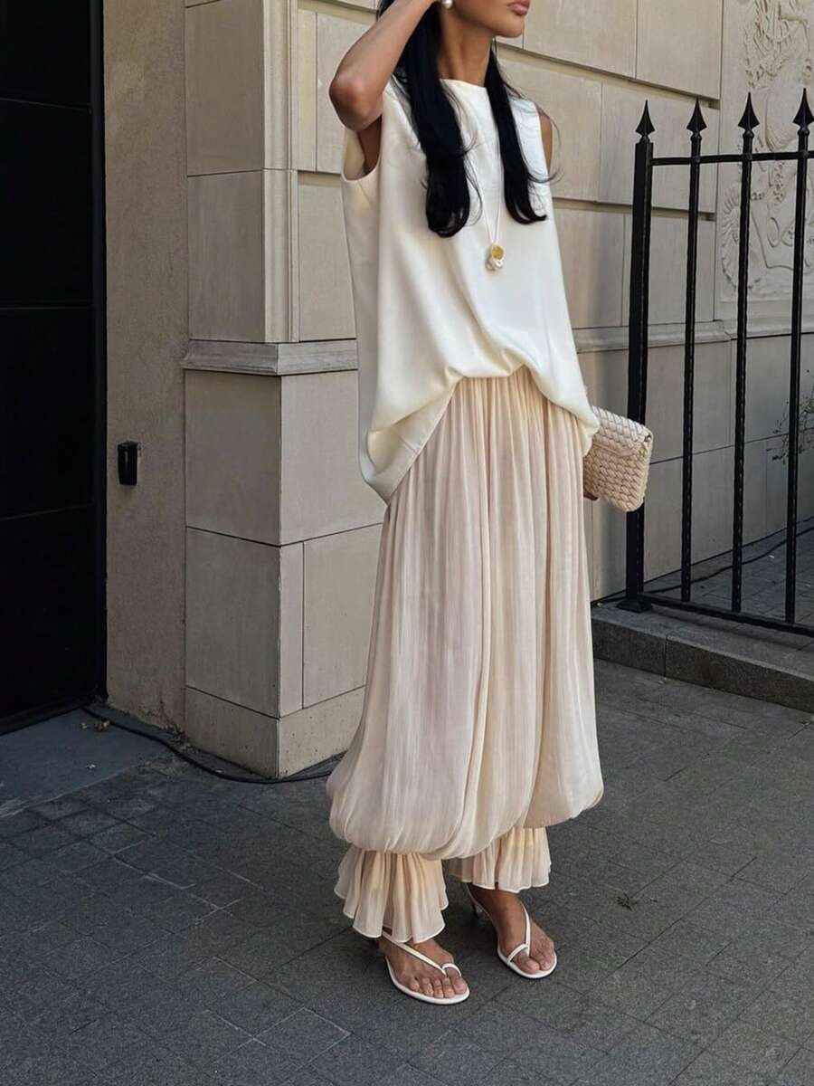 Women’s Beige Loose Fit Jogger Pants Long Split Ruffle Hem Casual Trousers