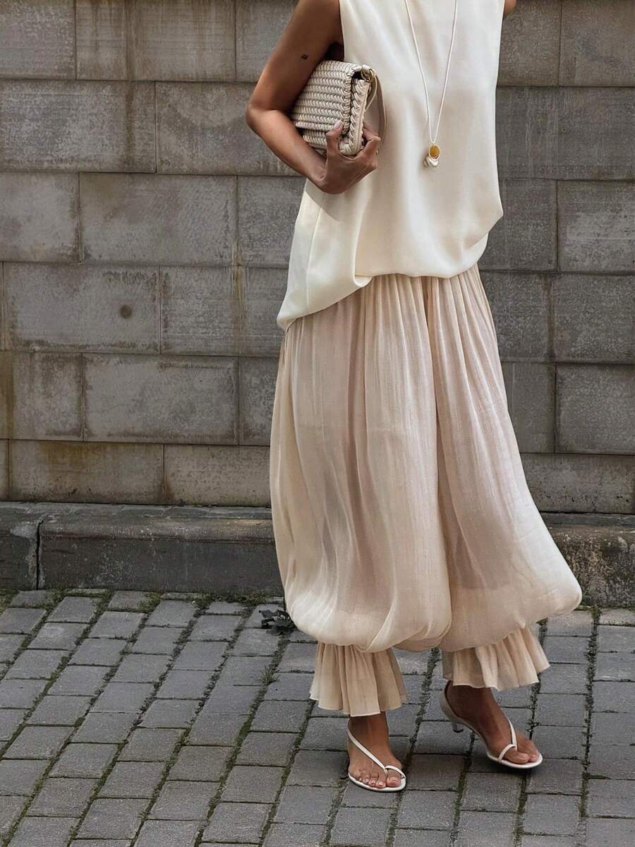 Women’s Beige Loose Fit Jogger Pants Long Split Ruffle Hem Casual Trousers