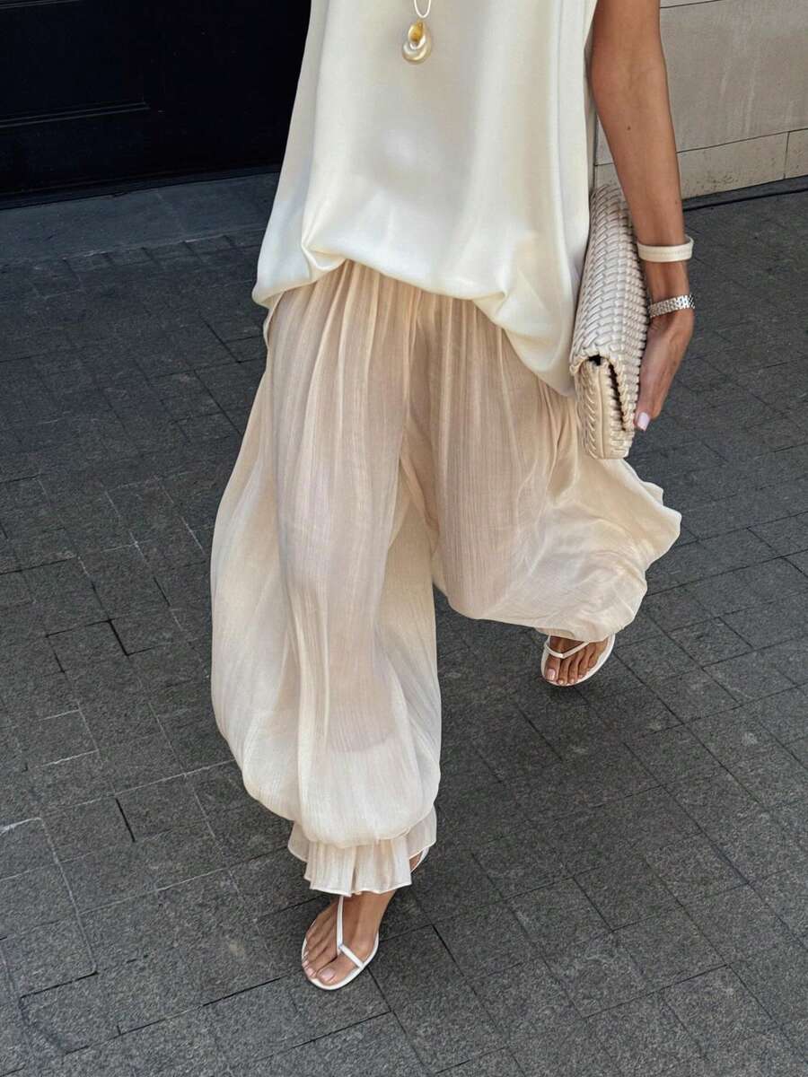 Women’s Beige Loose Fit Jogger Pants Long Split Ruffle Hem Casual Trousers
