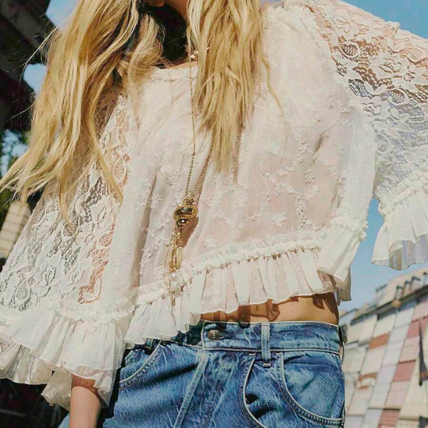 Women’s Vintage Lace Ruffle Blouse with Three Quarter Sleeve and Mesh Detail spring 2026 collection