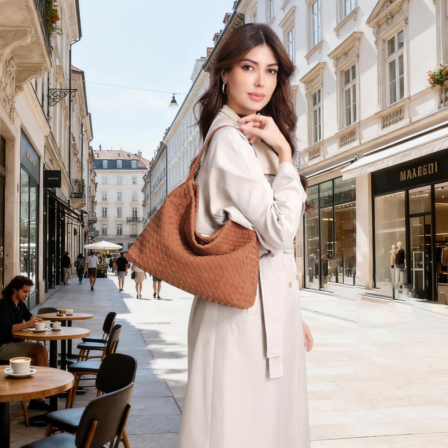 Women’s Woven Suede Hobo Shoulder Bag Slouchy Tote Crossbody Brown