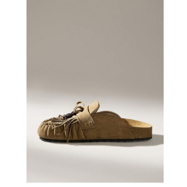 Women’s Khaki Slingback Flat Shoes Fringe Detail Slip-On Casual Sandals spring 2026 collection