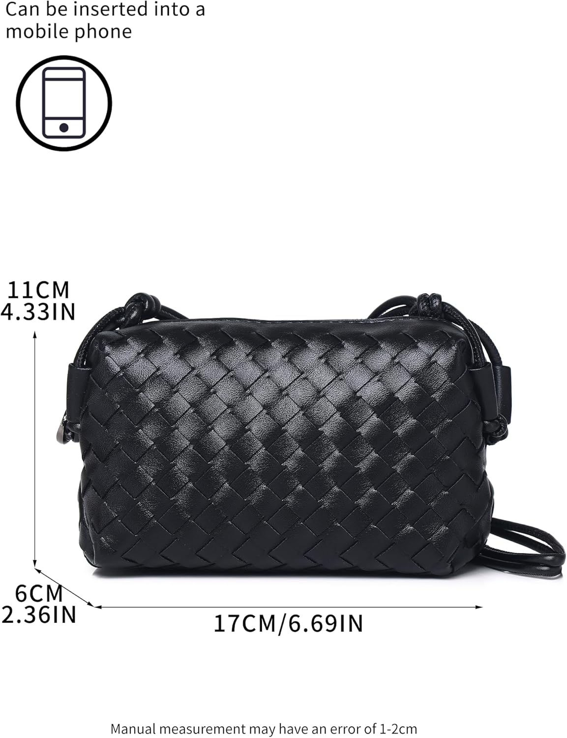 Women’s Woven Crossbody Bag Vegan Leather Shoulder Purse Zipper Black