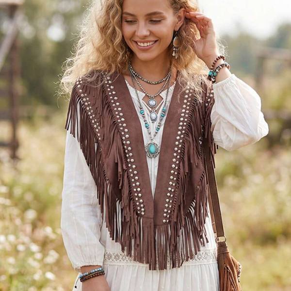 Women’s Leather-Studded Suede Knitted Pullover Jacket – 1970s Hippie Style Sleeveless Buttoned Fringed Pullover with Western-Style Collar Design